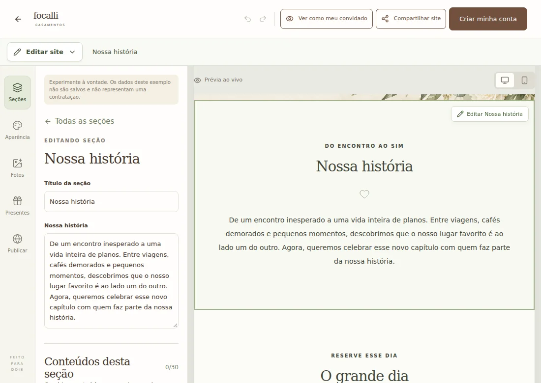 Editor Focalli com os campos de uma seção e a prévia do site lado a lado