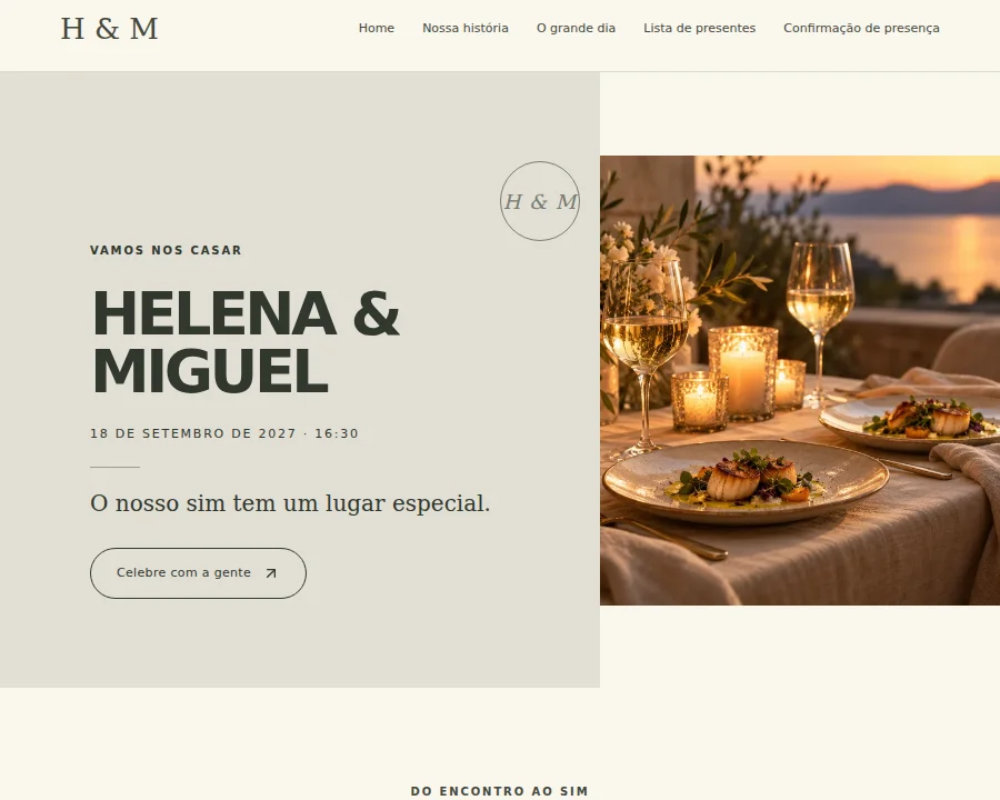 Prévia do modelo Editorial no site de casamento Focalli