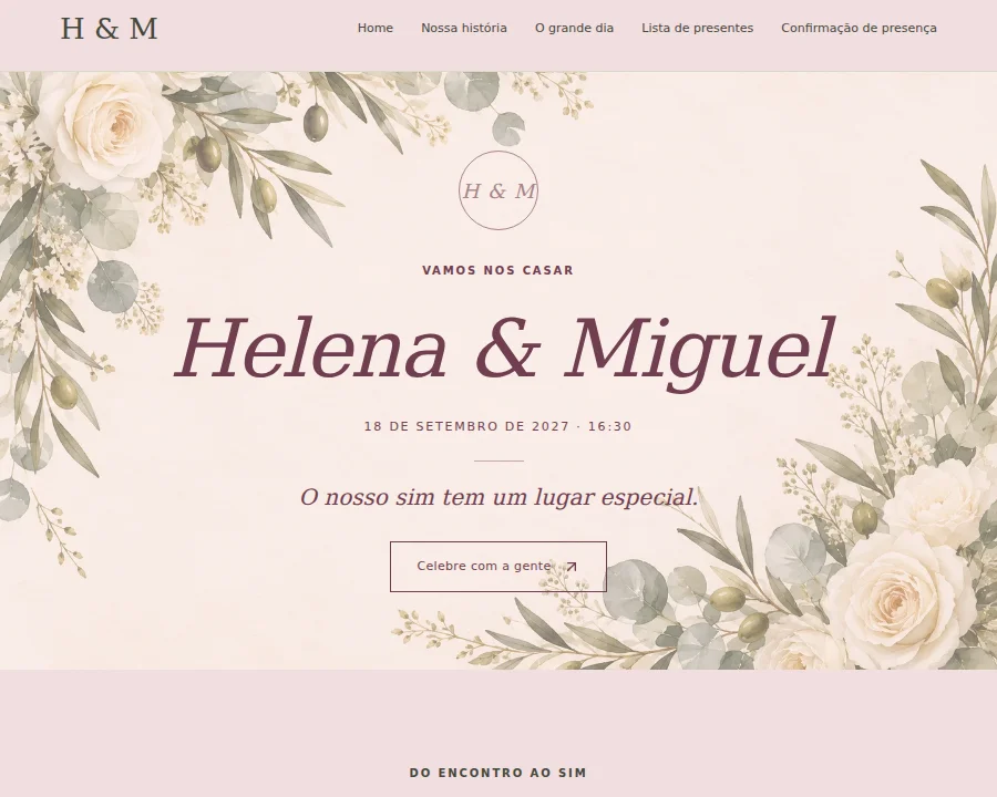Prévia do modelo Romance no site de casamento Focalli